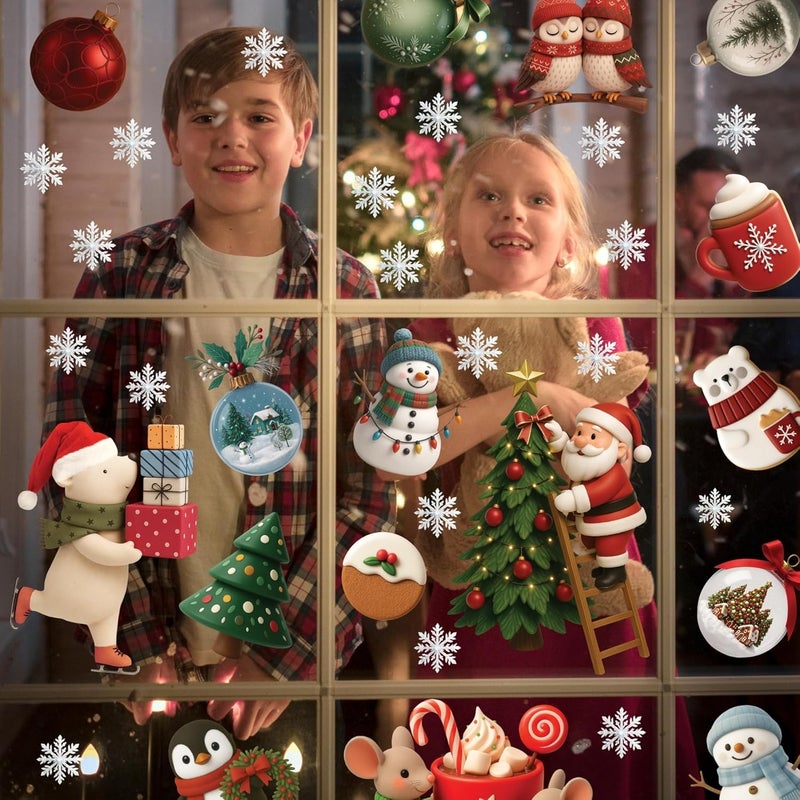 WALPLUS Christmas Window Clings Decorations Double-Sided Reusable Peel and Stick Removable for Glass Living Room Nursery Room Home Office Little Lodge 102 Pieces - Image 3